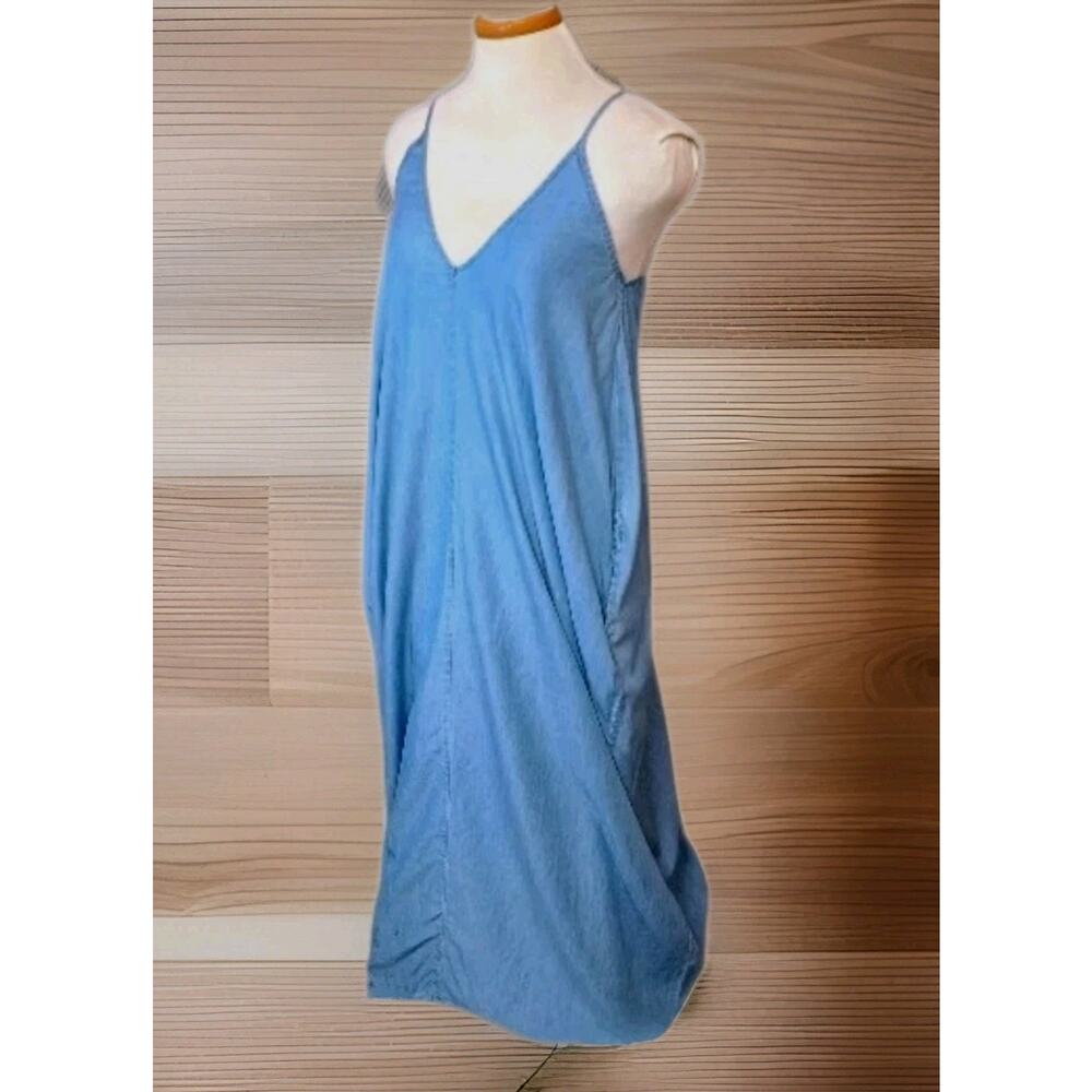 Elan Maxi Dress Jumper Sz M- V neck Strappy Washed Denim Lagenlook Boho - Picture 2 of 9